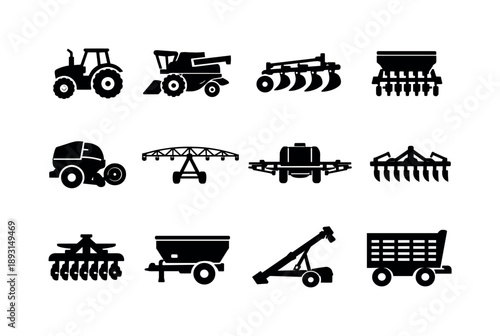 Farming Machinery Icons. Farming machinery. Solid icon set of farming machinery: tractor, combine harvester, plow, seed drill, baler, irrigation system, crop