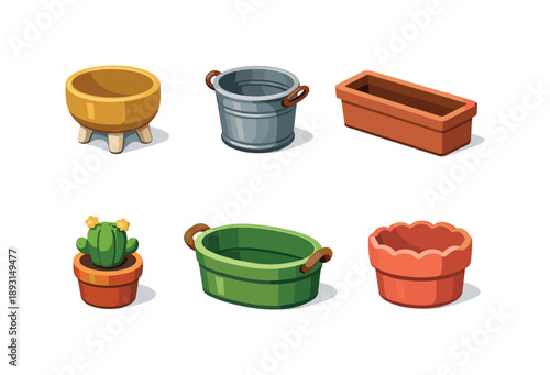 Colorful Plant Pots. Plant pots. Isometric flat vector icons set of Plant pots: footed ceramic planter, rustic metal pot, rectangular window box, tiny cactus
