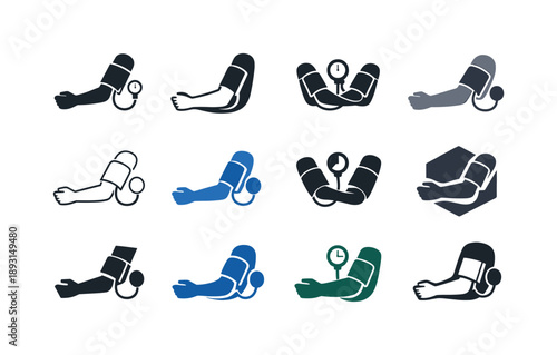 Blood Pressure Cuff Icons. Blood pressure cuff. Icon set. Set Logo of blood pressure cuff: arm silhouette. harmonious logo variations of the same emblematic