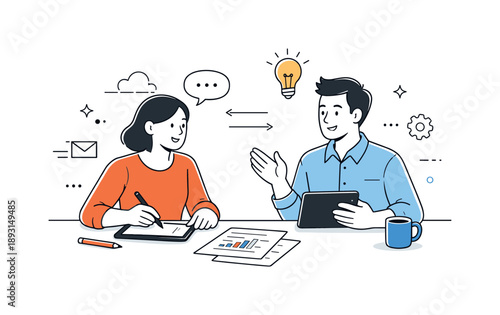 Collaborative Workspace Illustration. Modern workspace collaboration. Two colleagues working side by side at a shared desk, exchanging ideas in a relaxed