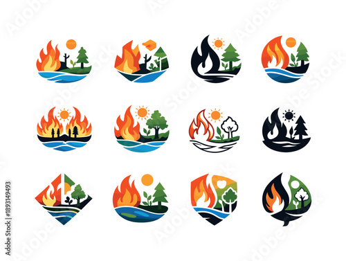 Ecological Wildfire Icons. Wildfires and their ecological consequences. Icon set. Set Logo of wildfires and their ecological consequences: post-fire ecosystem