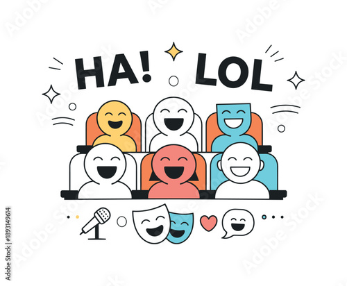 Abstract Comedy Audience. Abstract comedy audience concept. Simplified faces, seats, and laughter symbols arranged in a balanced theatrical composition. The