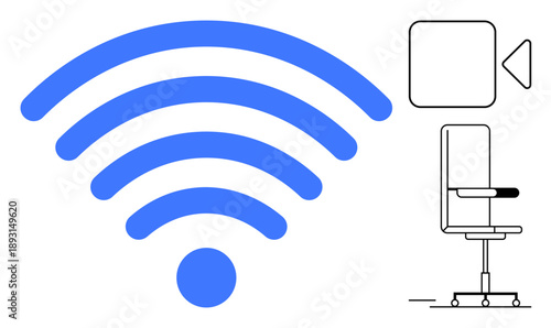Remote work setup, online meetings, wireless technology, seamless communication, home offices, digital tools. A blue wireless symbol, video camera icon and office chair. Focus on online meetings