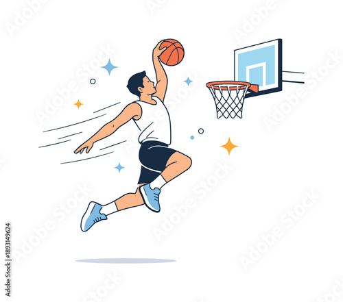 Slam Dunk Elegance. Basketball action shot. A player jumping for a slam dunk, subtle motion lines and abstract star shapes around emphasizing movement. Calm