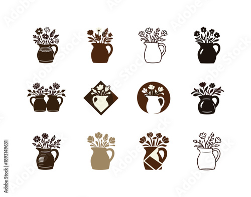 Rustic Logos Collection. Rustic home decor and farmhouse style. Icon set. Set Logo of Rustic home decor and farmhouse style: ceramic jug with wildflowers.