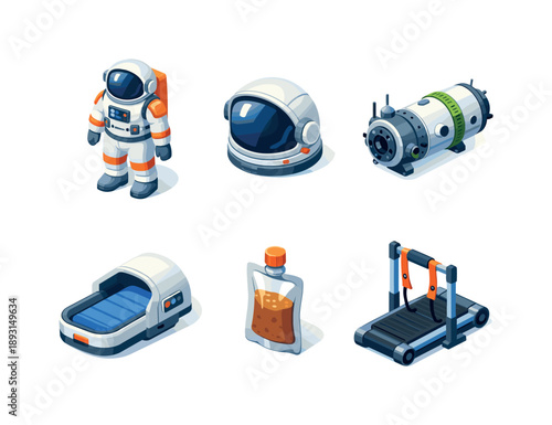Spaceflight Icon Set. Human Spaceflight. Isometric flat vector icons set of Human Spaceflight: space suit, helmet visor, docking module, sleeping pod, food