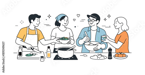 Collaborative Cooking. Preparing a meal together. People collaborating in the kitchen, passing bowls and utensils, calm rhythm of cooking. Sense of connection,