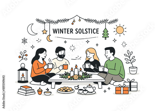 Winter Solstice Celebration. Winter solstice gathering atmosphere. A cozy editorial scene with soft lighting, symbolic decor, and simple party details. Feeling