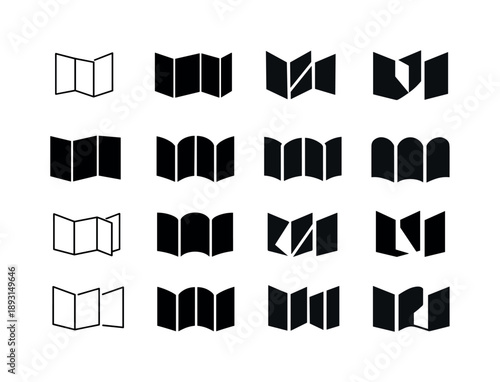 Folding Screen Variations. Folding screen. Icon set. Set Logo of folding screen: three-panel screen. harmonious logo variations of the same emblematic concept,