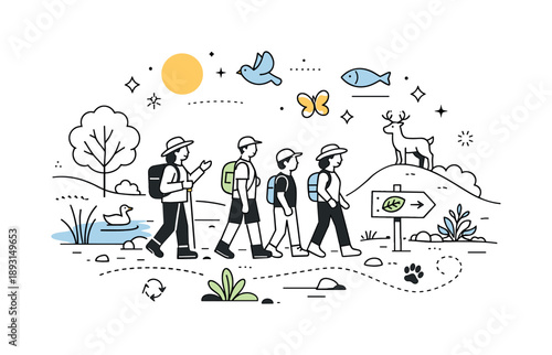 Nature Trail Harmony. Nature reserve guided tour. A clean scene of people walking along a marked trail through rich ecosystems, emphasizing protection and