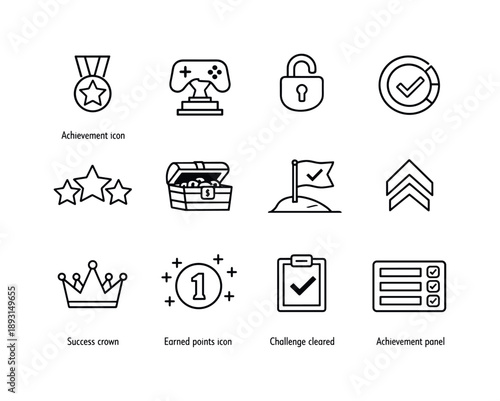 Game Achievement Icons. Game Achievements. Line icon set of Game Achievements: achievement icon, game controller trophy, unlocked badge, progress completion,