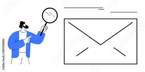 Person holding magnifying glass examining oversized envelope, hinting at investigation, email analysis, or communication scrutiny. Ideal for email marketing, data analysis, digital security