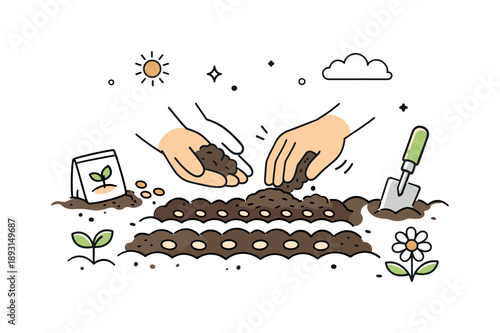 Peaceful Seed Sowing. Sowing seeds in soil. A simple gardening scene showing seeds being planted in neat rows, hands carefully covering them with earth.