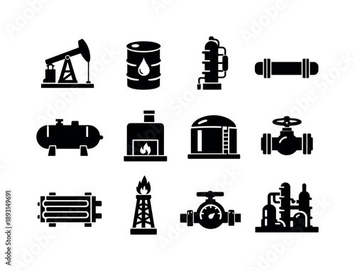 Crude Oil Icons. Crude Oil Processing. Solid icon set of Crude Oil Processing: oil pumpjack, crude barrel, distillation column, pipeline, separator vessel,