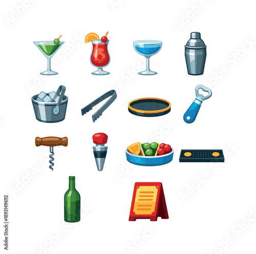 Colorful Barware Icons. Barware. Colorful flat vector icons set of Barware: cocktail glass set, shaker, ice bucket, tongs, bar tray, bottle opener, corkscrew,