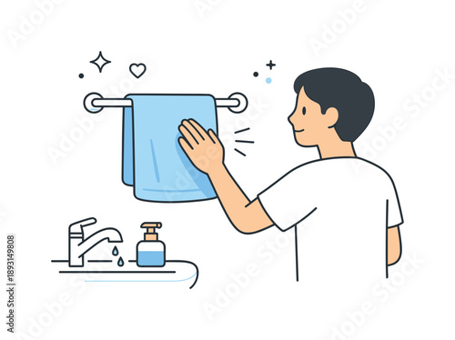 Reaching for Comfort. Towel rack bar daily use. A calm moment of a person reaching for a towel on a wall-mounted bar after washing hands, expressing routine
