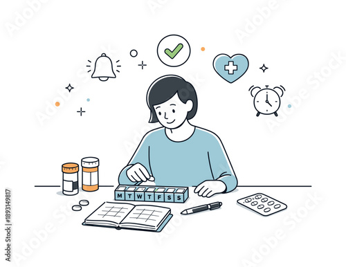 Organized Care Management. Medication and treatment management. Person organizing pills and schedules on a table, with subtle reminder icons floating above.