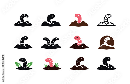 Worm Icon Set. Worms. Icon set. Set Logo of worms: worm emerging from soil. harmonious logo variations of the same emblematic concept, each with different