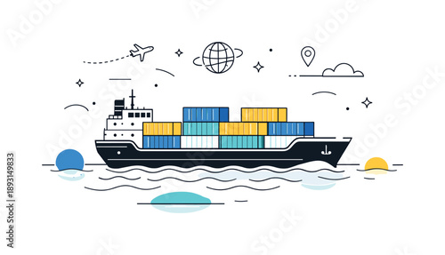 Global Trade Voyage. Maritime freight shipping. A cargo ship transports containers across calm water, reflecting global trade and steady movement. Soft waves