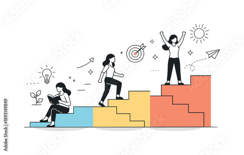 Inspiring Personal Growth. Inspiration and Growth. Conceptual scene of female silhouettes interacting with abstract stairs or steps, conveying personal