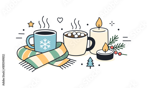 Cozy Winter Still Life. Winter still life. Simple tabletop props like mugs, scarves, and candles placed in harmony, expressing warmth, comfort, and a quiet