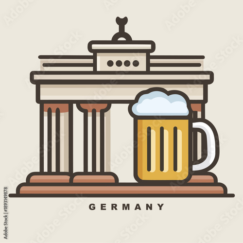 Illustrated Brandenburg Gate and Beer Mug Symbolizing Germany