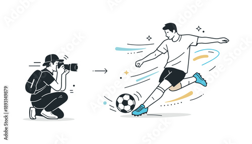 Dynamic Soccer Kick. Sports photography and action shots. A photographer capturing a soccer player mid-kick, subtle motion lines and abstract action shapes