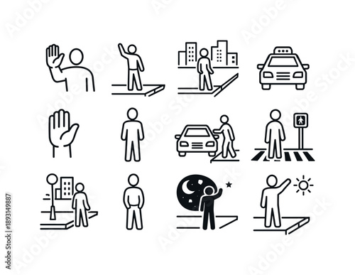 Taxi Hailing Icons. Taxi Hailing. Line icon set of Taxi Hailing: arm raised signal, roadside waving, urban street curb, taxi approaching, hand gesture stop,