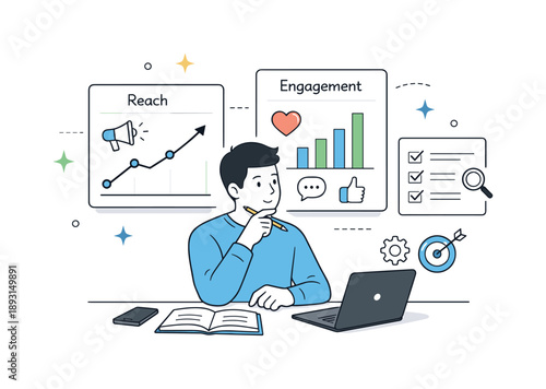 Marketing Metrics Analysis. Social media marketing strategy. Professional analyzing reach and engagement metrics on simple charts, thoughtful review and