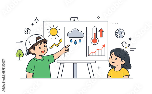 Kids Climate Education. Kids learning about climate change. Child pointing at a simple chart showing sun, rain, and temperature changes, curious and engaged