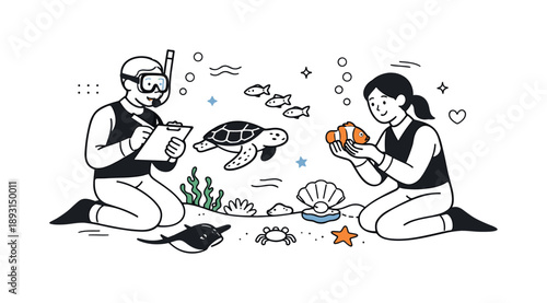 Ocean Conservation Scene. Ocean conservation focus. Scientists observing marine biodiversity with minimal equipment, highlighting care and