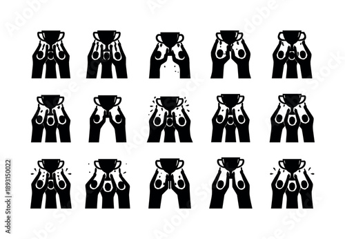 Trophy Celebration Icons. Lifting Trophy. Solid icon set of Lifting Trophy: team lifting trophy, trophy above heads, championship cup raise, victory cup