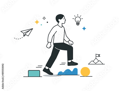 Overcoming Obstacles. Overcoming personal challenges. A calm figure stepping over small abstract obstacles, maintaining confident posture and forward movement.