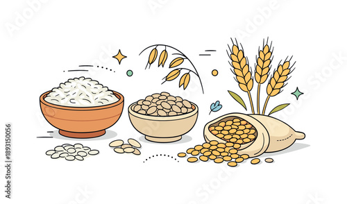 Whole Grains Harmony. Whole grains variety. Rice, oats, wheat, and barley displayed as simple food props in a balanced layout. Calm healthy nutrition