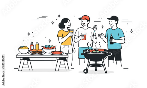 Minimalist BBQ Gathering. Minimal outdoor BBQ illustration. Table with food, a grill, and a few friends with abstract floating decorative elements like motion