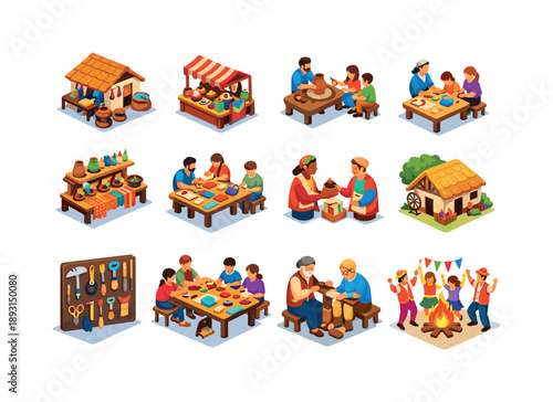 Artisan Community Icons. Artisan community life. Colorful isometric vector icons set of Artisan community life: village workshop, local market stall, craft