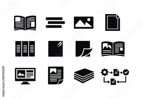 Editorial Design Icons. Editorial layout pages. Solid icon set of Editorial layout pages: magazine layout, text blocks, image placeholders, page margins,