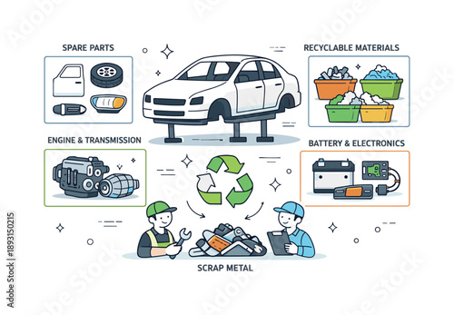 Eco-Friendly Car Recycling. Recycling end-of-life vehicles. A simplified car is dismantled into reusable components placed into organized sections. Circular