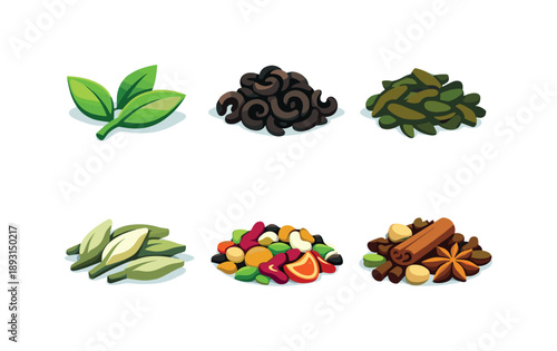 Isometric Tea Varieties. Tea Varieties. Isometric flat vector icons set of Tea Varieties: green tea leaves, black tea curls, oolong tea strips, white tea buds,