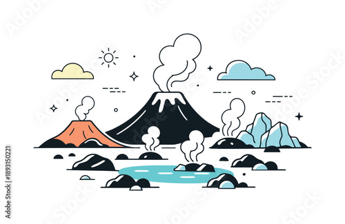 Volcanic Serenity. Volcanic landscapes and geological formations. A quiet landscape with volcanic rocks, steam vents, and soft clouds drifting above. The