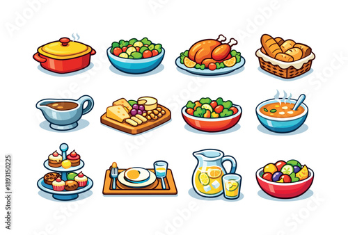 Family Dinner Icons. Family dinners. Colorful isometric vector icons set of family dinners: casserole dish, salad bowl, roasted chicken, breadbasket, gravy