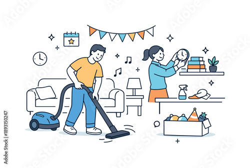 New Year Cleanup Teamwork. Cleaning house before New Year teamwork. Family or roommates cleaning together, one vacuuming while another tidies up. Shared effort