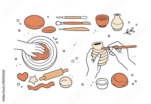 Pottery Crafting Tools. Pottery class illustration. A top-down view of clay pieces, sculpting tools, and hands working, showing tactile detail, flow, and