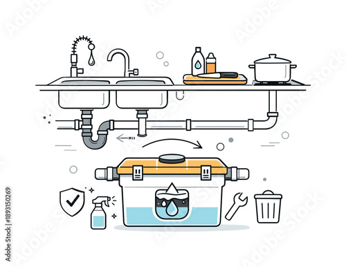 Grease Trap Setup. Commercial kitchen grease trap. A calm editorial scene of a grease trap connected to sinks and pipes in a professional kitchen setup.