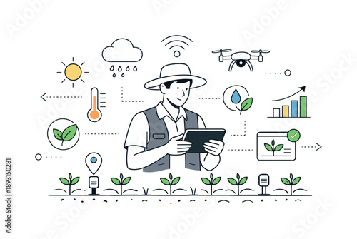 Smart Farming Innovation. Smart farming technologies. A farmer using a tablet to monitor crops with sensor icons and wireless signals floating around. Calm