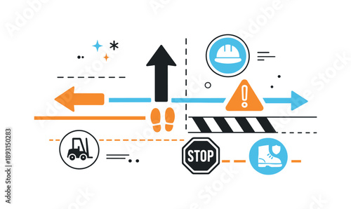 Industrial Floor Markings. Industrial floor markings. An abstract editorial view of colored lines, arrows, and safety symbols arranged on a factory floor. The