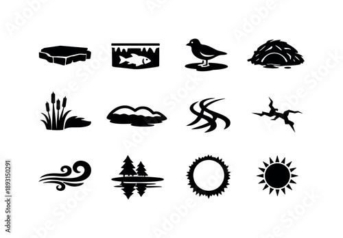 Frozen Lake Icons. Frozen lake habitat. Solid icon set of frozen lake habitat: ice sheet, fish under ice, bird on ice, beaver lodge, reeds, snow shore, skating