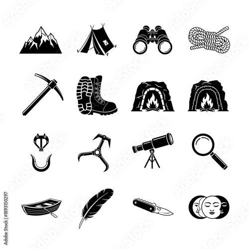 Adventure and exploration icons set in black and white vector graphic