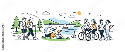 Outdoor Adventure Bliss. People spending time in nature. A calm scene showing friends or family hiking, biking, or walking near trees, lakes, or hills,