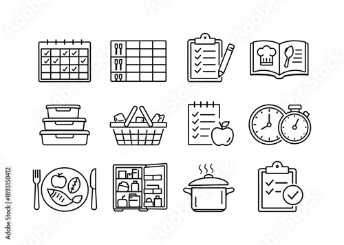 Meal Prep Icons. Meal Planning. Line icon set of Meal Planning: weekly calendar, meal plan chart, grocery list, recipe book, portion containers, shopping